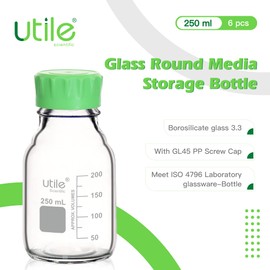 Utile Media Bottle, 3.3 Borosilicate Glass Bottles with GL45 Screw Caps, 6pcs of 250ml(8.45oz) Lab Media Bottles, PP Material Media Storage Bottle, 4038.0250.6