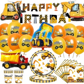 Bagger Deko Kindergeburtstag Luftballon, Baustelle Geburtstagdeko, Set Baustellenfahrzeuge Geburtstagsdeko, Baustelle Luftballons Geburtstag mit Happy Birthday Banner
