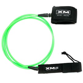 XM SURF MORE Premium Surfboard Leash, 7ft, Made in USA, Regular Cord Thickness (.270in), Key Pocket, Unbreakable Swivels, Detachable Railsaver, Lime Leash, Black Strap, Kink-Free [3 Year Warranty]