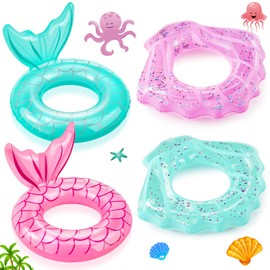 Juexica 4 Pack Mermaid Pool Float Rings Shell Swimming Float Tube Inflatable Glitter Confetti Pool Ring Raft Seashell Shaped Mermaid Tail for Swimming Summer Beach Party Decorations