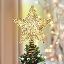 Luxspire Christmas Star Tree Topper, 9-Inch Christmas Tree Topper Lighted with LED Lights Beautiful Star Lighting Holiday Decoration for Christmas Tree Home Decoration, Gold