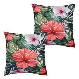 Kwlegh Hibiscus Flowers Pillow Covers Hawaiian Tropical Throw Pillow Covers 18x18 Set of 2 Monstera Palm Leaves Pillowcase Double Sided Printing Cushion Case for Patio Outdoor Sofa