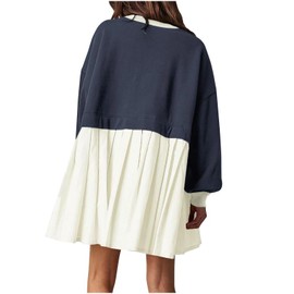 Pleated Oversized Sweatshirt Dress Women Pullover Long Sleeve Crewneck Tops Patchwork Flowy Fall Loose Mini Dress(A-Dark Grey,Large)