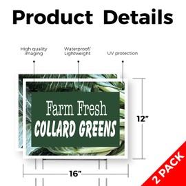 Farm Fresh Collard Greens Yard Sign 2 Pack of 12 Inch x 16 Inch Double Sided Weatherproof Heavy-Duty Plastic with Stake | Fresh Greens, Local Farms, Healthy Choices | Made in USA