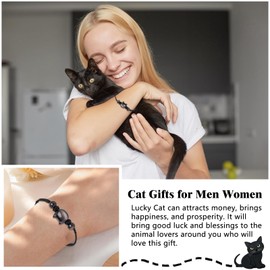 WATEFOER Cat Bracelet for Men and Women, 8 mm, Black Obsidian Bracelets, Adjustable Stretch Bracelet, Cat Jewellery, Gifts for Good Luck, Money Attraction, Crystal, No Gemstone