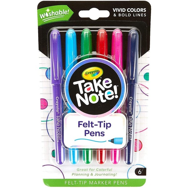 Crayola Take Note Felt Tip Pens, Assorted Colors, School Supplies, At Home Crafts for Kids, 6 Count