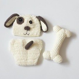 Zeroest Newborn Baby Girl Boy Photography Props Outfits Crochet Knitted Puppy Hat and Shorts Set with Bone for Photo Shoot (Cream)