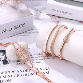 JewelryWe Women Watch Bracelet Set: Crystal Bangle Watch Shiny Rosegold Wrist Watch for Mothers Day