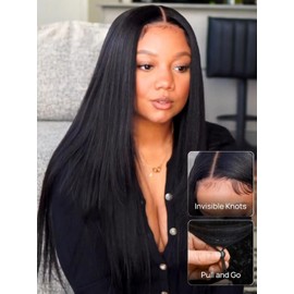 Julia Hair Yaki Straight Pre Cut HD Lace Closure Wigs Human Hair with Elastic Drawstring Glueless Wig Human Hair 7x5 Lace Front Bye Bye Knots Wig Pre Plucked Bleached Knots Natural Hairline 20 Inch