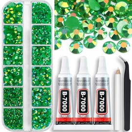 Towenm B7000 Glue with Green AB Rhinestones for Crafts Clothes Shoes Fabric, 4000PCS Flatback Rhinestone for Nails Face Tumblers, Glue Fix Gems Bejeweled Kit, Mixed 5 Sizes 2mm 3mm 4mm 5mm 6mm