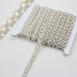 PEARLY JUN 2 Yards Pearl Beaded Trim White Bead Lace Border White Edge Ribbon Strips for Sewing Wedding Dress Applique Bridal Straps Embellishments Decoration