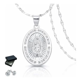 Varouro - Dije Medalla Virgen De Guadalupe Plata Ley 925 Cadena Color Plateado 45cm Grano De Cafe