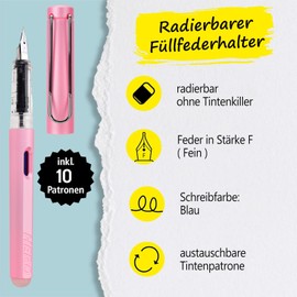 LVZONGXIN Erasable Fountain Pen with Erasable [Blue] I Includes 10 Cartridges + 1 Nib Care Set I Write, Erase & Correct in One I Fountain Pen as a Gift