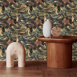 WalRiddle Vintage Red/Orange/Black Tropical Plants Snake Animal Peel and Stick Wallpaper Esay Peel Off Vintage Self Adhesive Removable Stick on Wall Paper for Kitchen Cabinet Furniture Renter Friendly