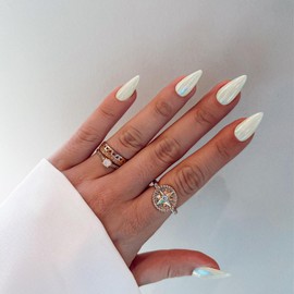 Chrome Glazed Donut Press-On Nails - Aurora White Medium Almond Shaped, Glossy Shiny Acrylic, Reusable Fake Nails for Women, Glue-On Medium Length Stiletto