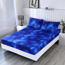 SDIII 3PCS Blue Space Fitted Sheet Set Full, Bed in a Bag Galaxy Bed Fitted Sheet Full, Soft Microfiber, Deep Pocket Full Fitted Sheet for Kids Boys and Girls, 1 Fitted Sheet and 2 Pillowcases