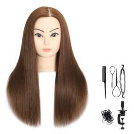 VEELTRAS Training Head Human Hair Mannequin Head Styling Head Professional Doll Head with Free Clamp(18 inch,.Brown)