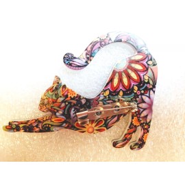 Cat Kitten Stretching Multicolor Flat Acrylic Pin Brooch Jewelry