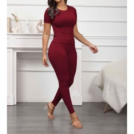 PINSV 2 Piece Sets for Women Summer Casual Jogger Workout Outfits Fitted Crew Neck T-shirt High Waist Legging Sets Wine Red M