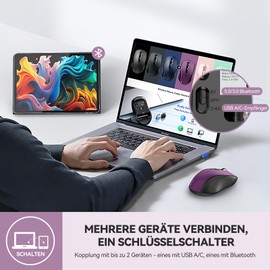 TECKNET Bluetooth Mouse, 2.4G Wireless Mouse (BT 5.0/3.0 + USB A + USB C) 4000 DPI Portable Ergonomic Mouse, 6 Levels DPI Wireless Mouse for Laptops, Mac OS, Android, Windows, Purple