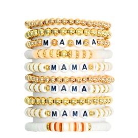 MAMA Beaded Stretch Bracelets for Women Bohemian Summer Beach Stackable Polymer Clay Gold Beaded Stretch Bracelets Elastic Layering Friendship Boho Bracelets Set (10 Pcs)