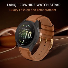 LanQii 20mm Leather Strap for Garmin Forerunner 165/165 Music/245/645/Vivoactive 5/3, Soft Leather Bracelet, Replacement Watch Band for Garmin Venu Sq 2/Venu 2 Plus/vívomove Trend/Sport - Coffee