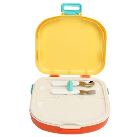 Bento Lunch Box ABS Separate Compartments with Buckle Handle Leakage Proof Air Hole Heat Resistant Bento Box with Spoon Fork Yellow