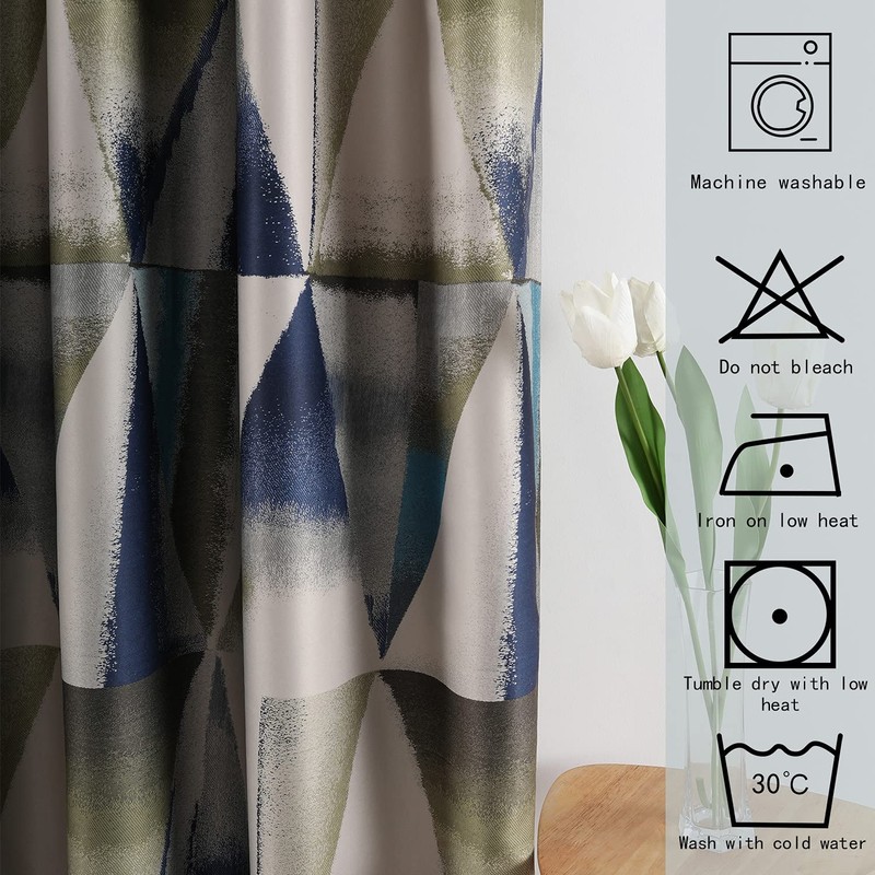 Leeva Geometric Print Blackout Curtains for Bedroom, Modern Blue Linen