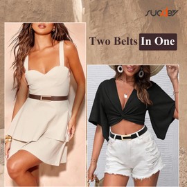 SUOSDEY 2 Pack Reversible Leather Belts for Women Adjustable Skinny Belt Ladies Belts for Dresses Jeans with Gold Buckle, Black/Brown+Black/Coffee Color