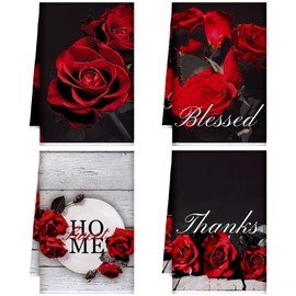 Geyoga 4 Pcs Chicken Kitchen Towels Rooster Dish Hand Towels Farm Animal Cow Vintage Rustic Tea Cloth for Spring Easter Bathroom Farmhouse Decor Gifts, 16 x 24 Inch(Red,Roses)