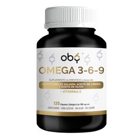 OBY Omega 3 + Vitamina E, Omega 6 y Omega 9. 120 Softgels. Omega 3 6 9 capsulas: Aceites Puros de Salmon, Linaza, Olivo, con DHA y EPA. Sin metales pesados. Suplemento alimenticio Sin sabor y Sin olor