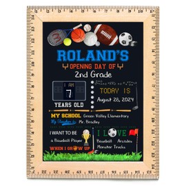 First Day of School Sign (11.5"x15"), Reusable Chalkboard, Easy to Clean with Real Wooden Ruler Frame, Perfect for Back to School, First Day of Kindergarten (Sports)