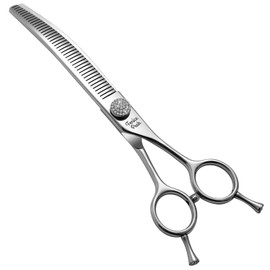 Fenice Peak 7.5‘’ Curved Thinning Dog Grooming Scissors with Jewelled Screw 440C Stainless Steel Pet Grooming Bulking Shears with Symmetrical Handle and Decorative Tail Nails Fluffy Scissors