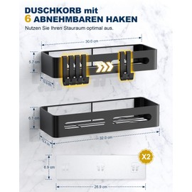 Acacomft Duschablage ohne Bohren, 2 Stück Badezimmer Organizer, Rostfrei Shampoo Halterung für Dusche, Duschregal mit großer Kapazität, Edelstahl Badregal ohne Bohren mit 4 abnehmbaren Haken, Schwarz