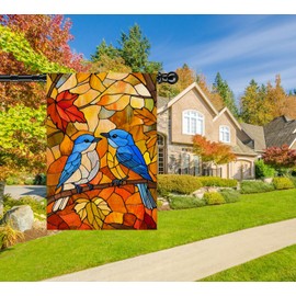 Stained Glass Fall House Flag Cardinal Blue Birds 28x40 Inch Double Sided, Large Burlap Yard Flags for Outside Maple Leaves Autumn Porch Lawn Flags Decorative