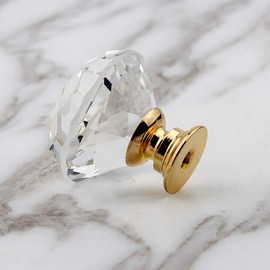 BOZONLI Crystal Furniture Knobs, Cupboard Knobs, Drawer Knobs, Chest of Drawers, Crystal Glass Furniture Knob, Handle for Wardrobe, Pull Handles, Furniture Handle, 30 mm (6 Pieces, Gold-Plated Base)