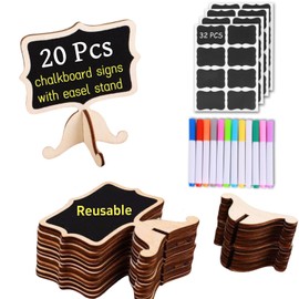 20 Pack Wood Mini Chalkboards Signs, Food Labels Place Cards Small Blackboard for Party Buffet Table Sign Chalkboard Wedding Bakery with 12 Makers and Blackboard Stickers