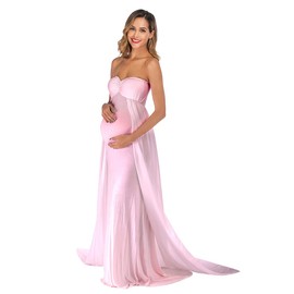JustVH Maternity Off Shoulder Strapless Chiffon Gown for Photography Maxi Photoshoot Dress for Baby Shower