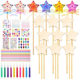 Meyeyaia 57pcs Star Princess Fairy Wands Kit,Make Your Own Princess Wand Include 18 Star Wooden Fairy 9 Gem Stickers 20 Ribbons 10 Markers for Party Supply