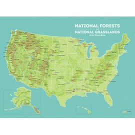 US National Forests & Grasslands Map 18x24 Poster (Green & Aqua)
