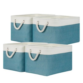 Temary Fabric Storage Baskets 4Pack Storage Bins Decorative Basket for Gift, Clothes Bin with Rope Handle, Rectangle Baskets for Storage, Blankets(White&Teal,15x11x9.5 inch)