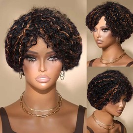 Flandi Human Hair Wigs for Black Women Kinky Curly Glueless Short curly Wigs Human Hair Natural Black Women wigs Black F1B30#(8 Inch)