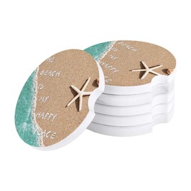Absorbent Car Coasters for Cup Holders Summer Coastal Beach Sand Starfish, Small 2.56inch Ceramic Stone Drink Coaster for Women Men, The Beach is my Happy Place Set of 2 Pack