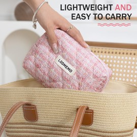 Lodmemo Makeup Bag 3 PCS Quilted Cosmetic Bags for Women, Large Travel Make up Bag Set Cute Cotton Toiletry Bag Organizer Pouch for Purse, Pink
