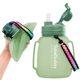TakeToday 40 OZ Motivational Water Bottle with Straw and Paracord Handle 1.2L Silicone Sports Water Bottle with Time Marker(Green)