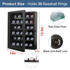BYOSII Championship Ring Display Case,30 Ring Posts Sports Ring Display Wall Cabinet with Black Anti-Theft Lock and Real Glass for Collection Baseball Basketball Softball Award Rings