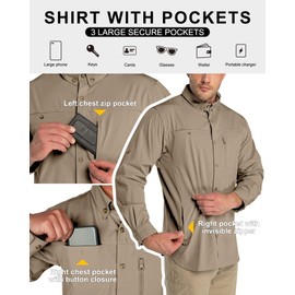 33,000ft Men's UPF 50+ UV Protection Long Sleeve Hiking Shirts Breathable Quick Dry Fishing Shirts for Safari, Outdoor Brown
