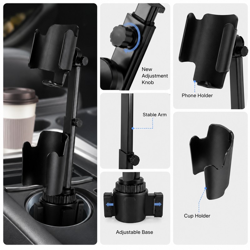 2-in-1 Car Cup Holder Phone Mount for Travel – Adjustable