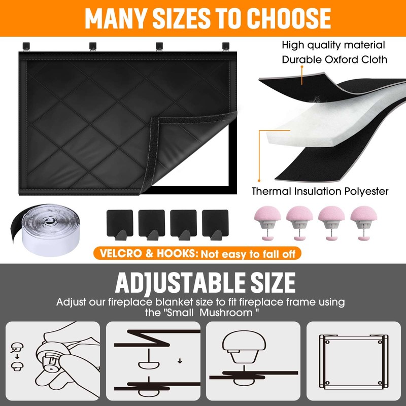 Fireplace Cover, Fireplace Blocker Blanket with Hook and Loop Tapes,