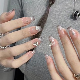 24PCS Grey French Tips Press on Nails Medium Length Fake Nails Glitter with Soot Gradient Silver Stars Heart Rhinestones Exquisite Design Full Cover Glossy Artificial Acrylic fingernails for Women